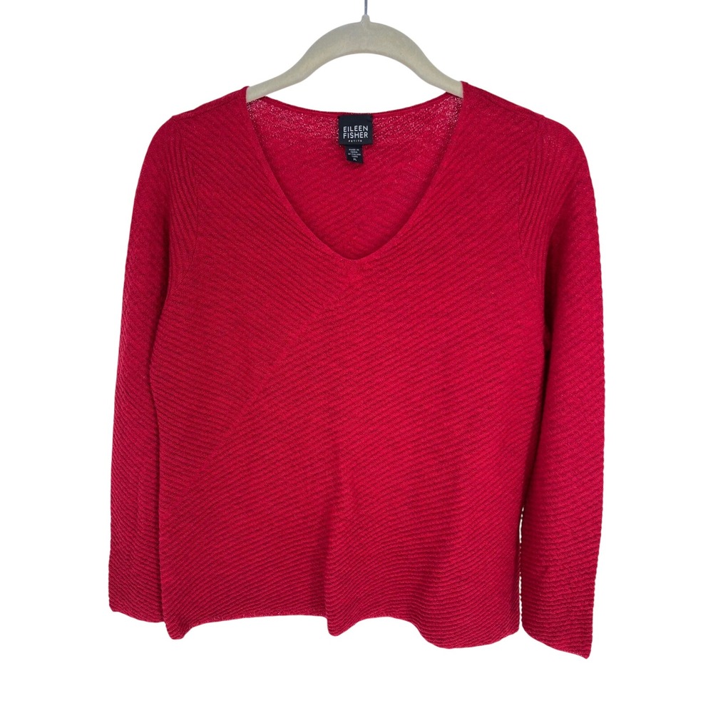 EILEEN FISHER 100% Wool Sweater Women PL Red V-Neck Ribbed Knit  Italian Yarn